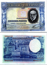 Spain 50 Pesetas 1935 Pick# 88a (BLUE COLOR ERROR) XF-AU