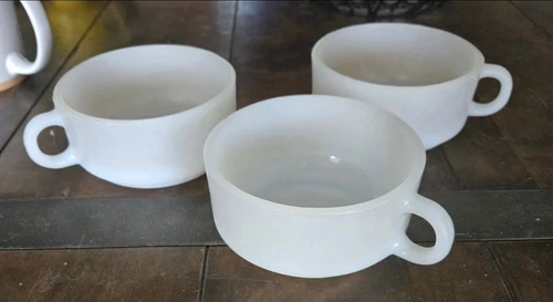 3 Vintage Glasbake milk glass soup mugs.