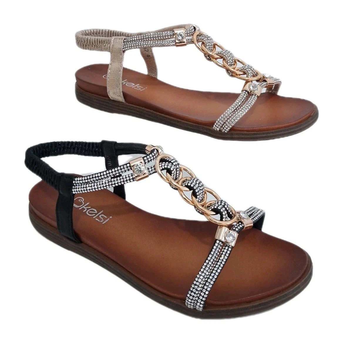 LADIES WOMENS SPARKLY SUMMER SANDALS ELASTIC BACK STRAP FLAT COMFY SHOES SIZE