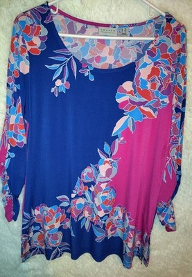 Susan Graver Polyester Top w/Gathered Sleeves Scoop Neck Size M/P Floral Tunic