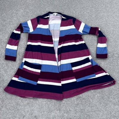 LuLaRoe Caroline Cardigan Top Womens Medium Colorful Stripe Long Sleeve Pockets