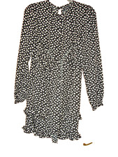 BOOHOO Black & White Abstract Print Dress Tie Waist Ruffled Tiered Hem UK12