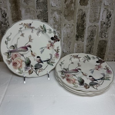 (4) Grace Teaware Spring Floral Bird Garden Scalloped Gold Rim Salad Plates