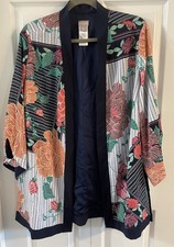 CHICO'S Size2-Large Navy Blue Floral Open-Front Kimono Topper Jacket