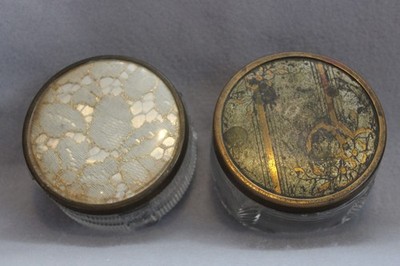 Glass & Brass Vanity Box Pair Trinket Powder Jars Deco Floral Lace Vintage VTG