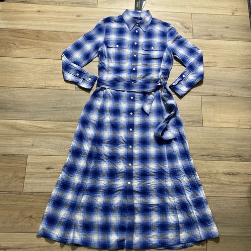 Polo Ralph Lauren Womens Button Up Wool Blend Plaid Belted Dress Size 4 Blue