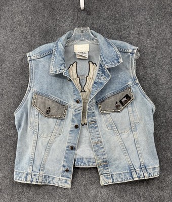 Cache By Parasuco Denim Vest Women s Large Distressed Eagle s Wing Patch Studded