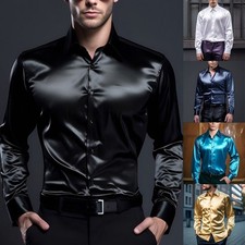 Button Down Dress Shirt for Men's Casual Satin Silk Luxury Party Solid Shirts UK