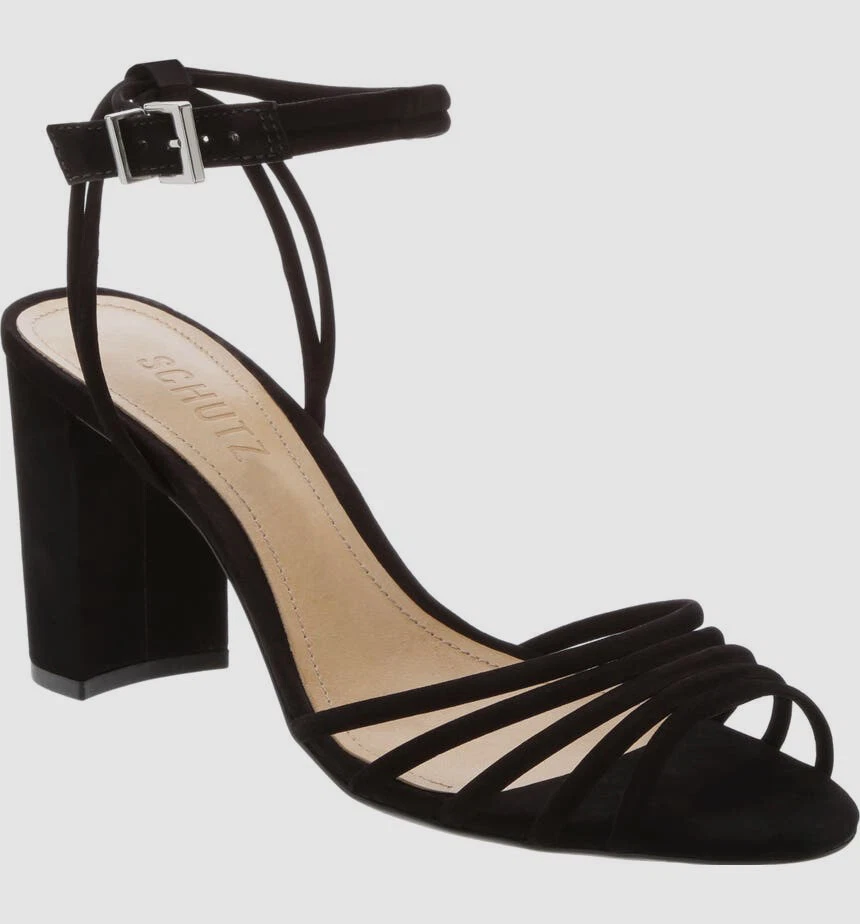 179 Schutz Women s Black Nicolai Strappy Block Heal Sandal Shoes Size 6.5B