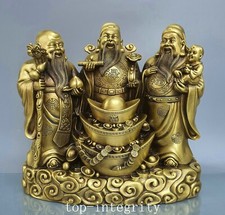 Statua Vita 15,7" Antica Dinastia Cinese Bronzo Puro Dorato 3 Longevità Dio Fu Lu Shou