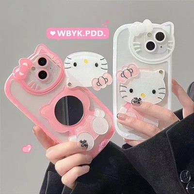 For iPhone 16 15 14 13 12 11 Pro Max XS Cute Hello Kitty Mirror Stand Case Cover