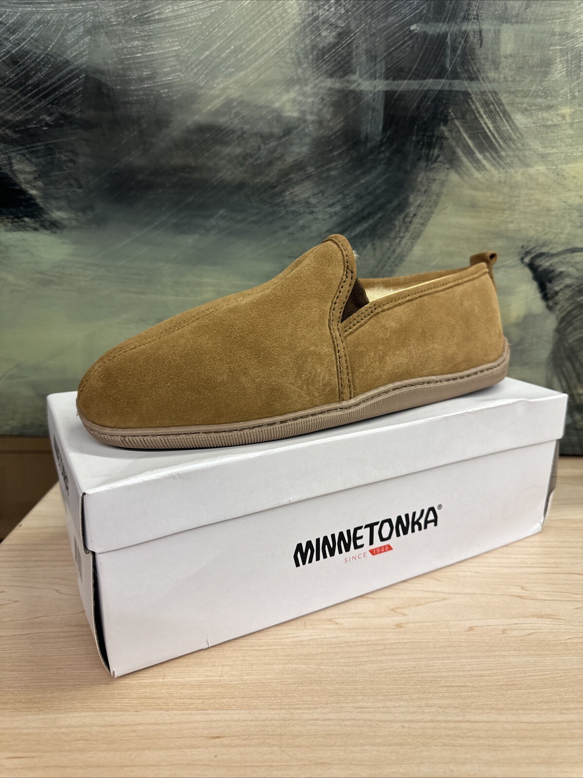 PANTOFOLA D’ORO Minnetonka Ciabatte Uomo Twin Gore Pelle di Pecora Marrone Dorato Taglia 10 ?