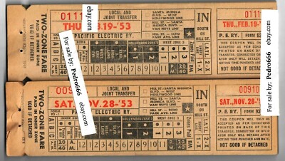 2 x 1953 Pacific Electric Streetcar Railway Fare transfer Ticket Los Angeles PER