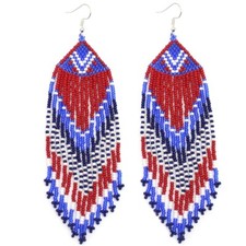 NATIVE STYLE HANDMADE PATRIOTIC RED WHITE BLUE BEADED FLAG COLOR EARRINGS E61/21
