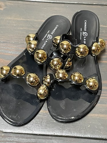 Chinese Laundry Sandals Women's SZ 8 39 Flat Jelly Strap Slides Black Gold  Balls | eBay