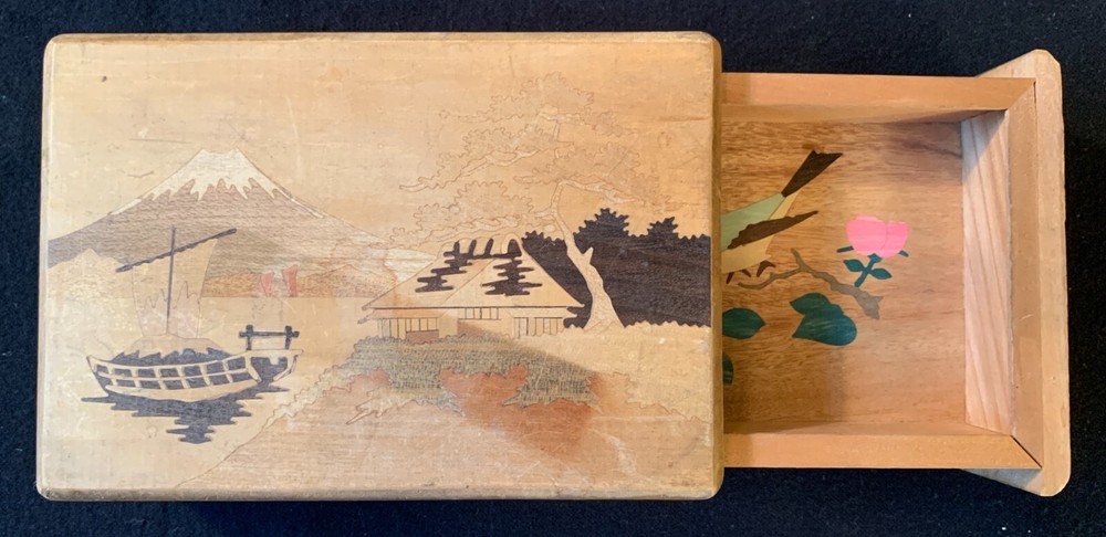 Vintage Japanese Puzzle Box Hidden Drawer Inlaid Marquetry Mt. Fuji Hand Painted