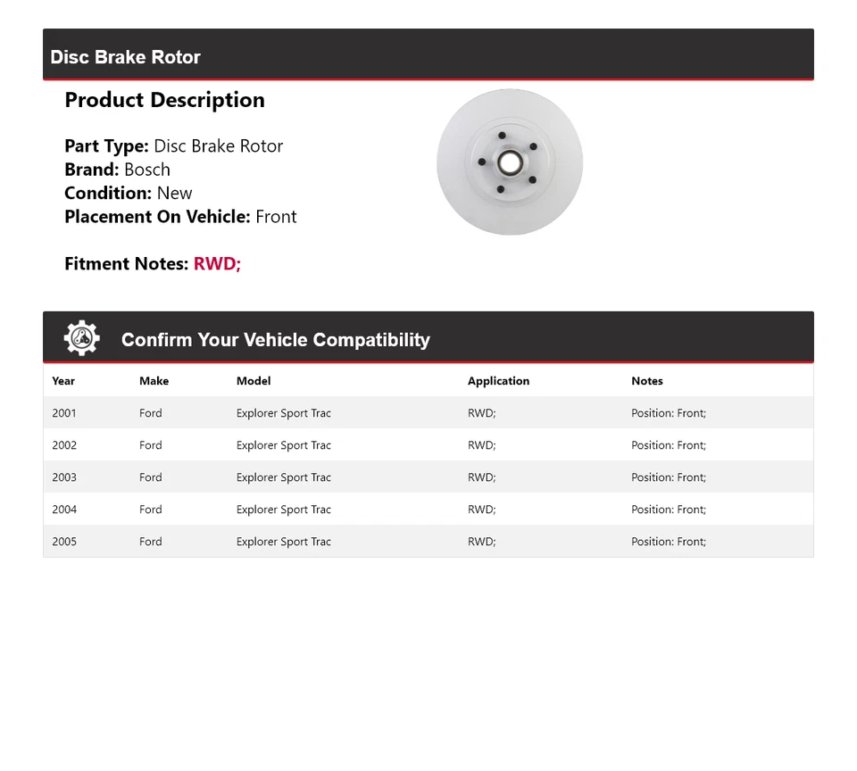 For 2001-2005 Ford Explorer Sport Trac RWD Bosch Disc Brake Rotor Front 2002 - Image 2 of 4