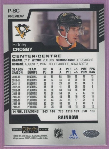 2020 20-21 OPC PLATINUM PREVIEW RAINBOW PARALLEL PENGUINS SIDNEY CROSBY #P-SC - Foto 2 di 2