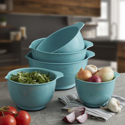 Kitchenaid Set of 5 Plastic Mixing Bowls in Aqua Sky with Rubber Bottom