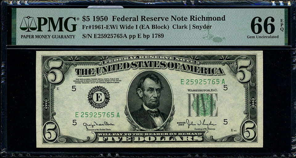 FR. 1961 EWi $5 1950 Federal Reserve Note Richmond E-A Block Wide I Gem PMG CU66 - Image 2 of 3