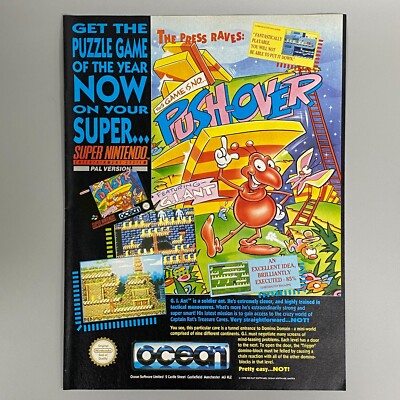 PUSH-OVER SUPER NINTENDO VIDEOSPIEL OCEAN 1993 VINTAGE RETRO WERBUNG
