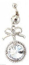 Belly Ring Bow w/Large Clear Gem Dangle Naval Steel
