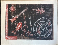 RARE Vintage Dr Gerald Yellowhawk Jerry Hawk Screen Printed Cave Art “Emergence”