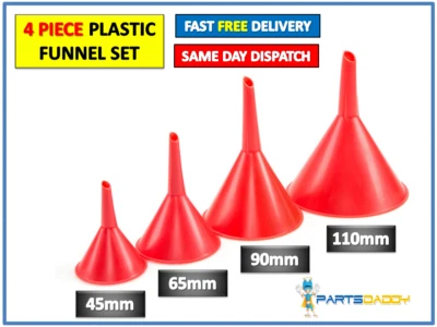 4pc Funnel Set Plastic Pouring Funnels 45 65 90 110 mm Kitchen Petrol Fuel NEW - Image 1 of 2