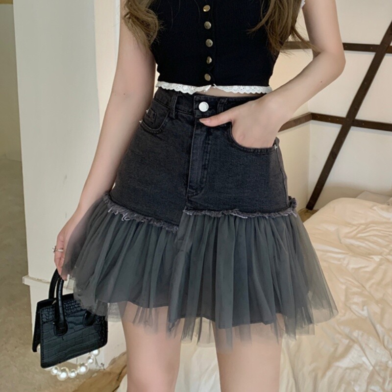 Women Denim Mesh Patchwork Short Skirt Asymmetric A Line Frill Tulle Summer  Chic