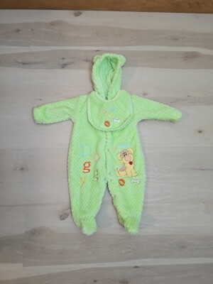 The Happy Dog Hooded Baby Bodysuit w Bib Yellow Green One Piece 6 - 12M