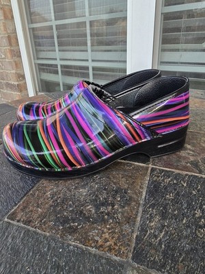 Dansko Women's Clogs Size 42 US 11 Multicolor Rainbow Patent Leather Striped