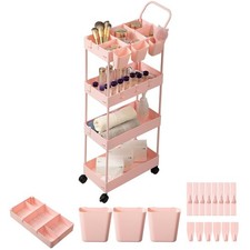 Danpinera 4-Tier Pink Slim Storage Cart, Narrow Laundry Cart with Wheels, Div...
