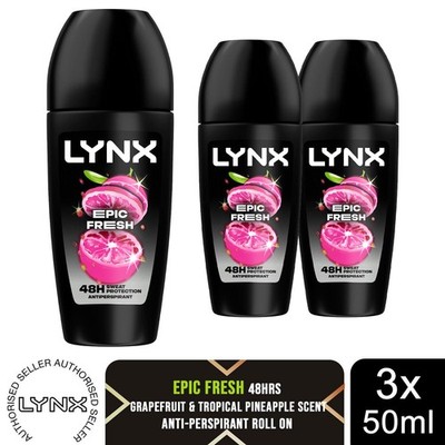 Lynx Epic Fresh Anti Transpirant Roll On 50ml 3 Stück Herren Deodorant 48H Schutz