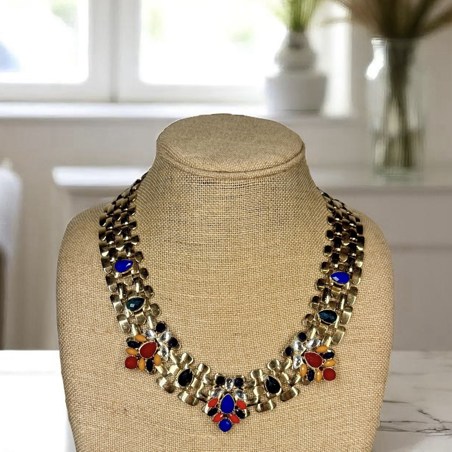 Multi Colored Rhinestone Gold Tone Statement Coll… - image 1