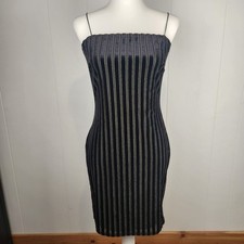 Y2K Fitted Velour Mini Dress Large Spaghetti Straps Black Velvet Stripes Bodycon