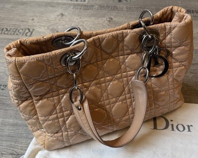Dior Lady Dior Medium Patent Leather Beige Nude Handbag Cannage Authentic