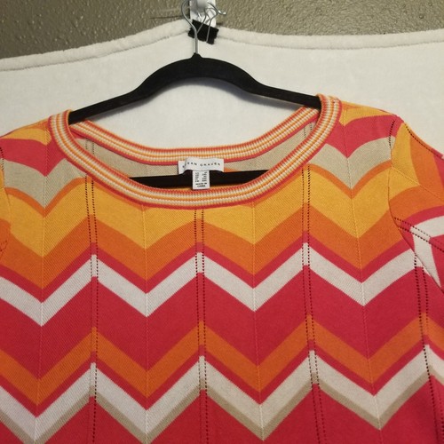 Susan Graver 1X Sweater Pink Orange Chevron Lightweight Tunic Boho Artsy Preppy - Picture 4 of 9