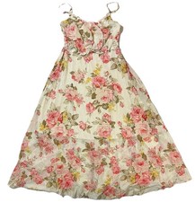 Women's Floral Lace SMALL Maxi Dress Beige Multi Fit  Flare Lined Sleeveless