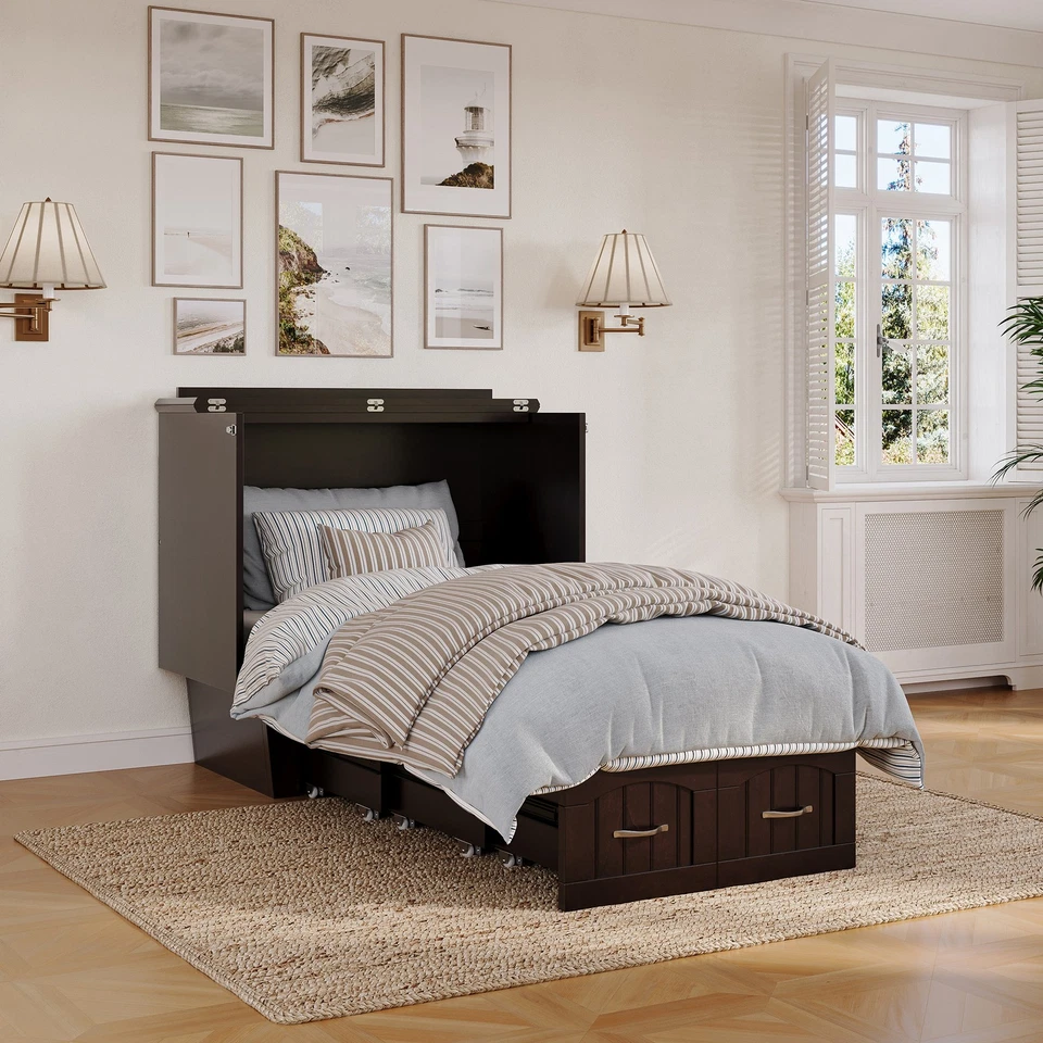 Cómoda de cama Nantucket doble madera Murphy con colchón y cargador incorporado en espresso Foto 3 de 4