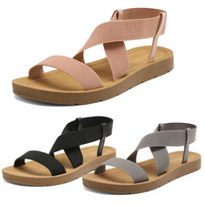 Women's Open Toe Ankle Strap Casual Summer Elastic Flat Sandals Shoes NEW