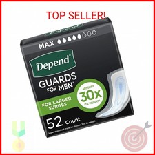 Depend Guards Incontinence Pads for Men, Maximum Absorbency, 52 Count, Packaging