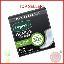Depend Guards Incontinence Pads for Men, Maximum Absorbency, 52 Count, Packaging