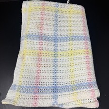 Vintage Pastel Plaid Baby Blanket Cotton Open Weave Blue Pink Yellow USA 40 x 60