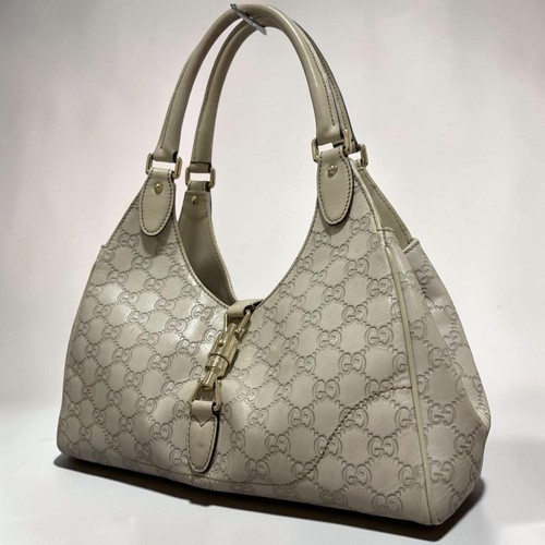 Auth GUCCI New Jackie GG White Leather One Shoulder Tote Bag Vintage Hobo Purse