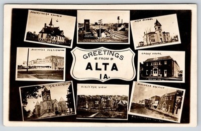 Alta Iowa~RR Depot~Grain Elevator~School~Opera House~MJ Conner Co~1911 RPPC