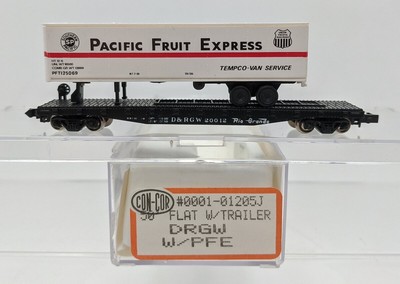 Con-Cor 0001-01205J N Scale DRGW Flat Car w/ PFE Trailer #20012 NIB