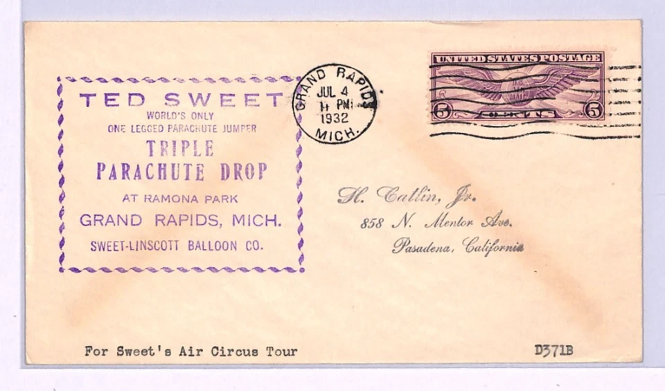 USA Cover *PARACHUTE DROP* Air Circus TED SWEET 1932 Grand Rapids {samwells}XA28 - Image 2 of 4