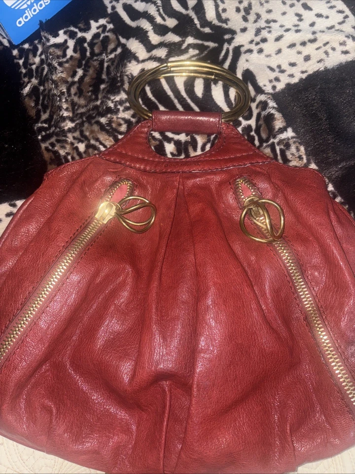 Raro DONNA KARAN Nueva York Borgoña Rojo Cuero Dorado Cremallera Bolso de Mano Cartera Foto 4 de 4