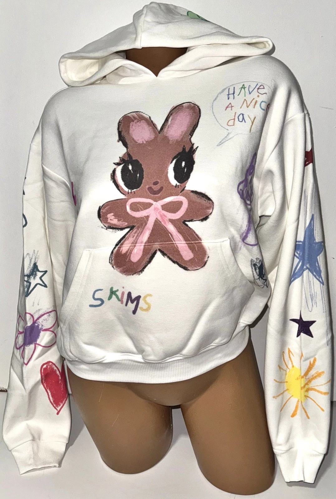 SKIMS COTTON FLEECE "MARBLE HAPPY BUNNY" CLASSIC PULLOVER HOODIE XXS NWT
