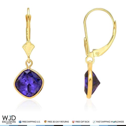 14K Yellow Gold Bezel Square Simulated Sapphire Leverback Dangle Earrings 1" - Picture 2 of 5